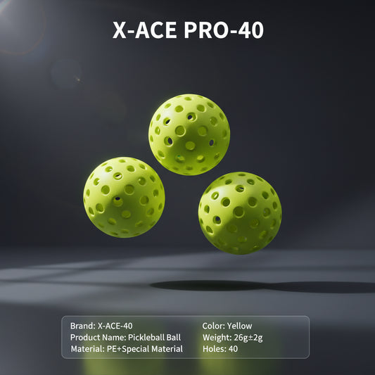 Three yellow pickleball balls with X-ace branding on a black background, featuring product information text.