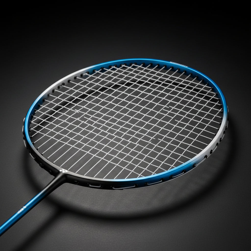 Close-up of a badminton racket with text highlighting its large sweet area.