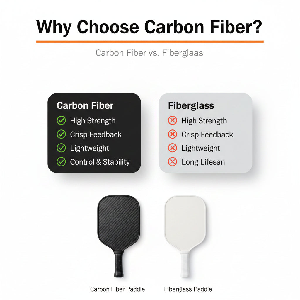 Comparison chart of carbon fiber vs fiberglass with visual representation of surfaces.