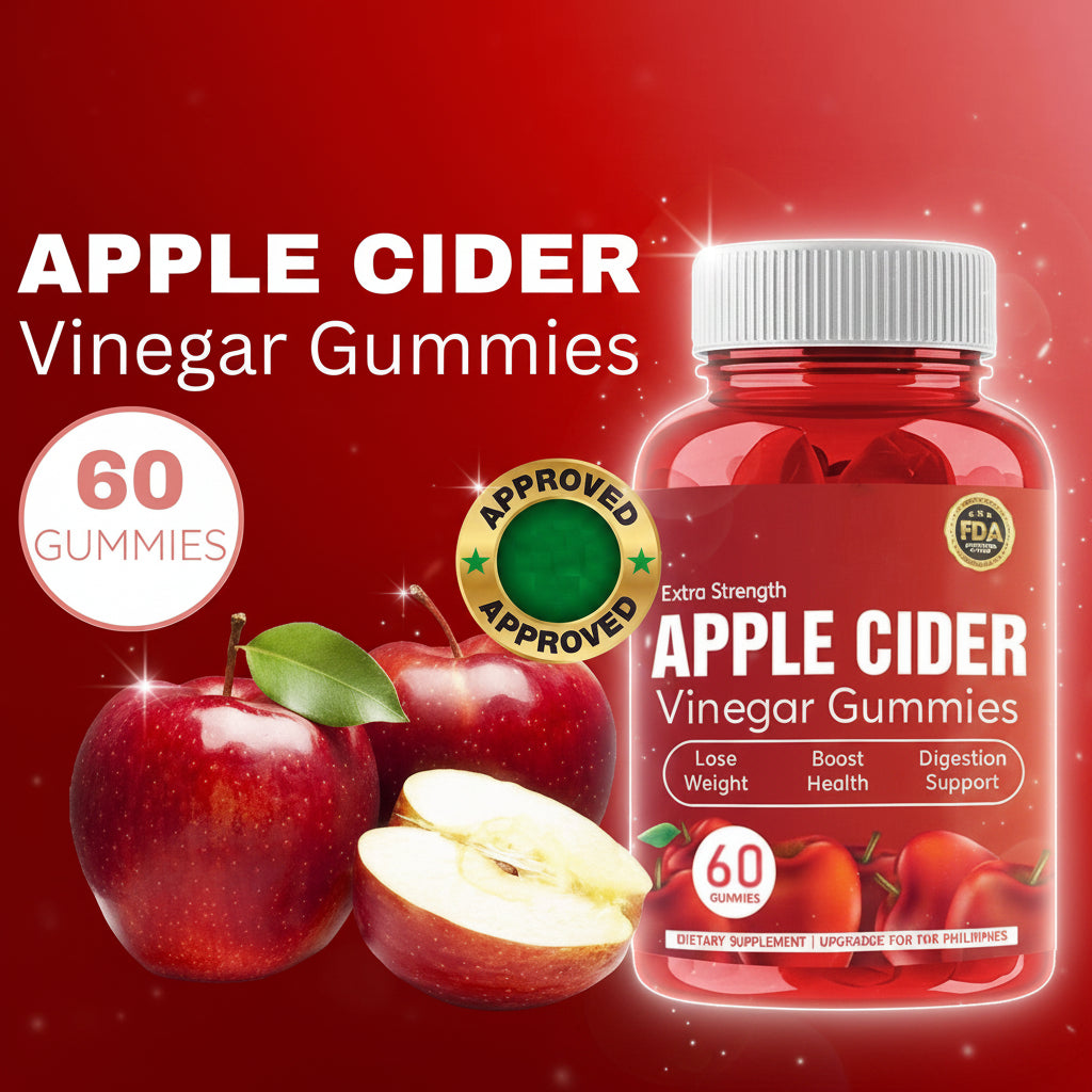 Bottle of Apple Cider Vinegar Gummies with apples on a red background