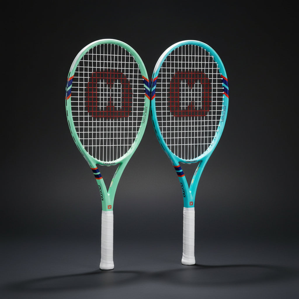 Two tennis rackets with measurements and a display of tennis balls on a white background.