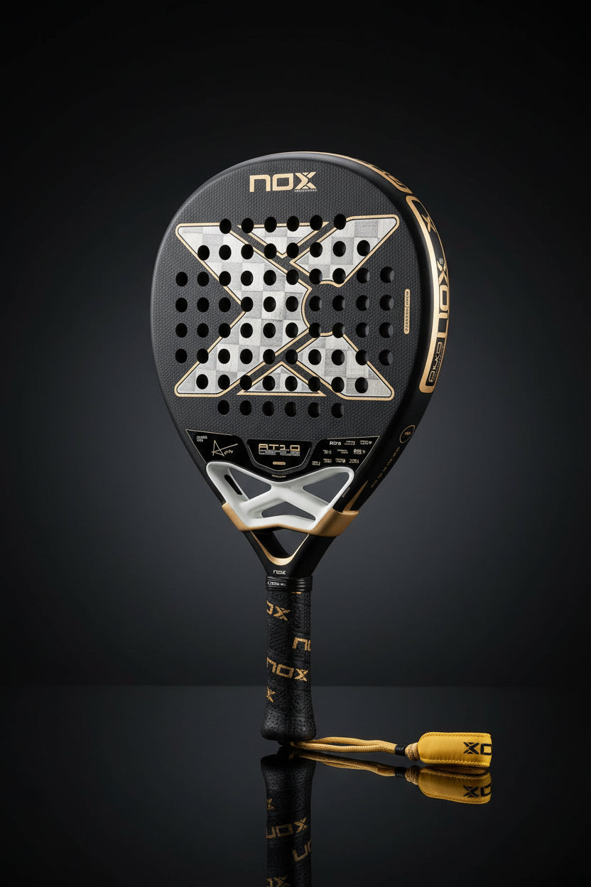 NOX AT10 Luxury Genius 18K Alum 2026 paddle racket with specifications on a white background