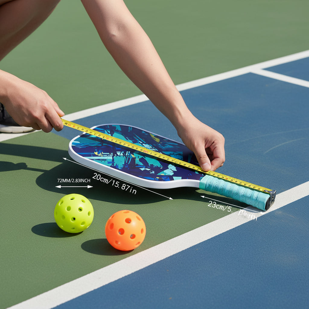 Blue pickleball paddle with measurements on a white background