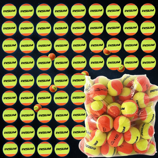 Multiple tennis balls with 'INSUM' branding and a bag of additional balls.