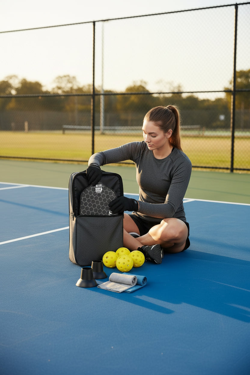 Pickleball paddle set with two paddles, four yellow balls, a gray bag, and accessories on a white background.