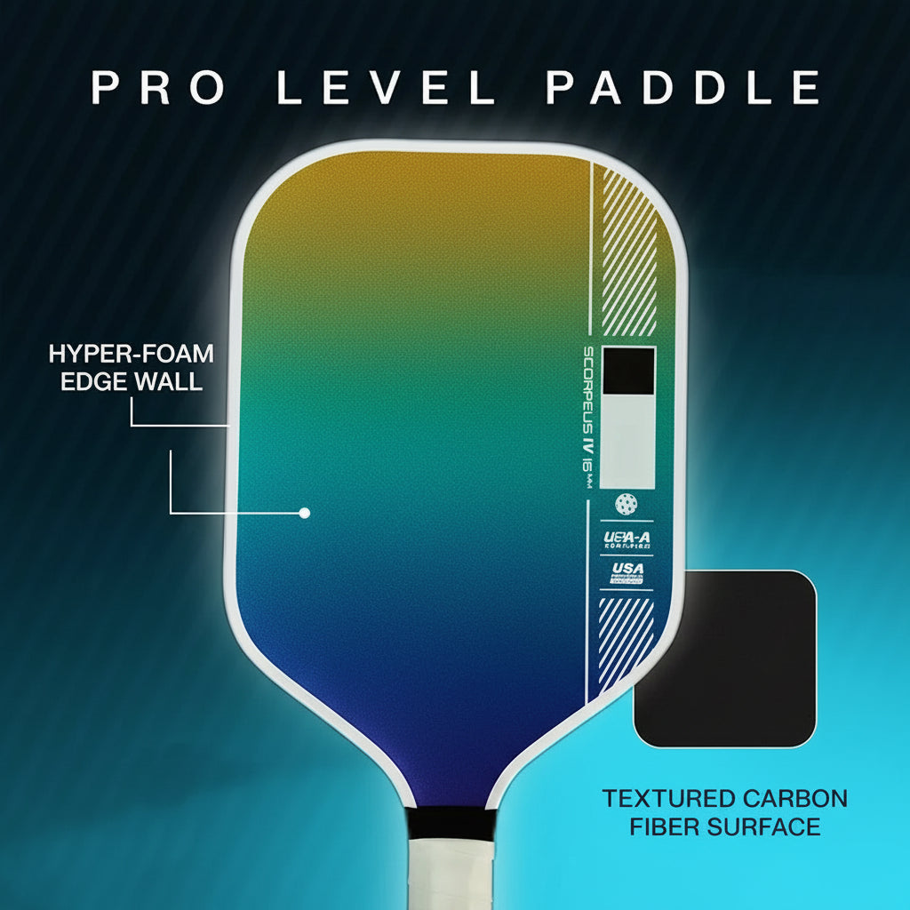 Pro level paddle with features highlighted on a yellow and black background