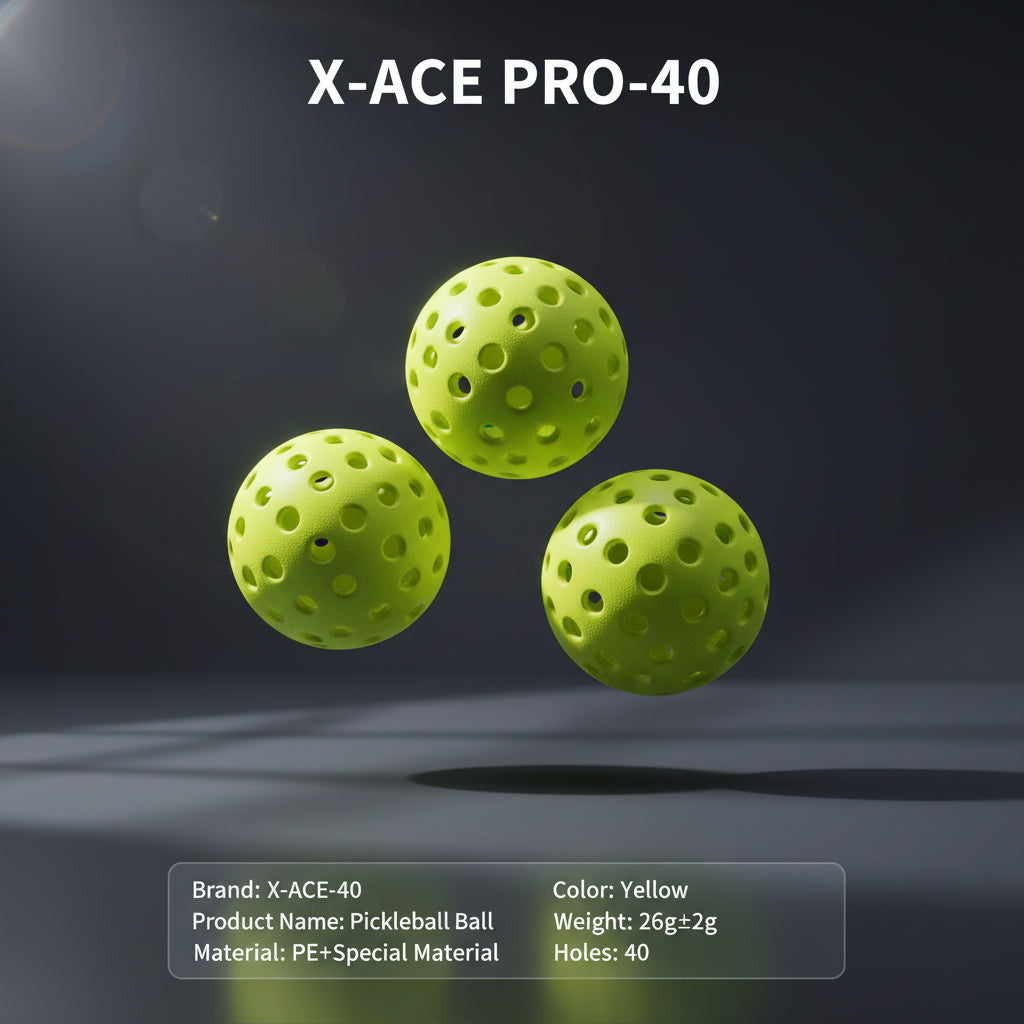 Three yellow pickleball balls with X-ace branding on a black background, featuring product information text.