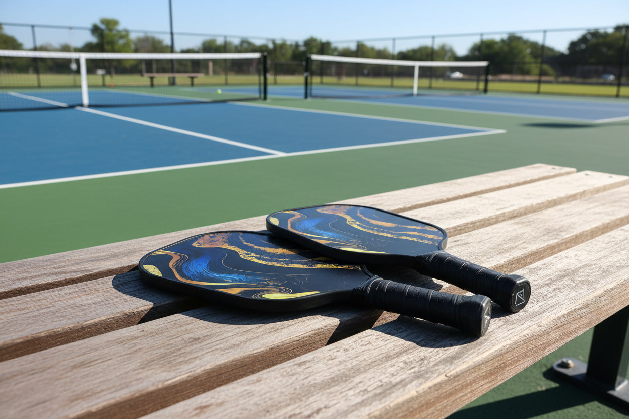 Pickleball paddle with blue and gold swirl design on a white background