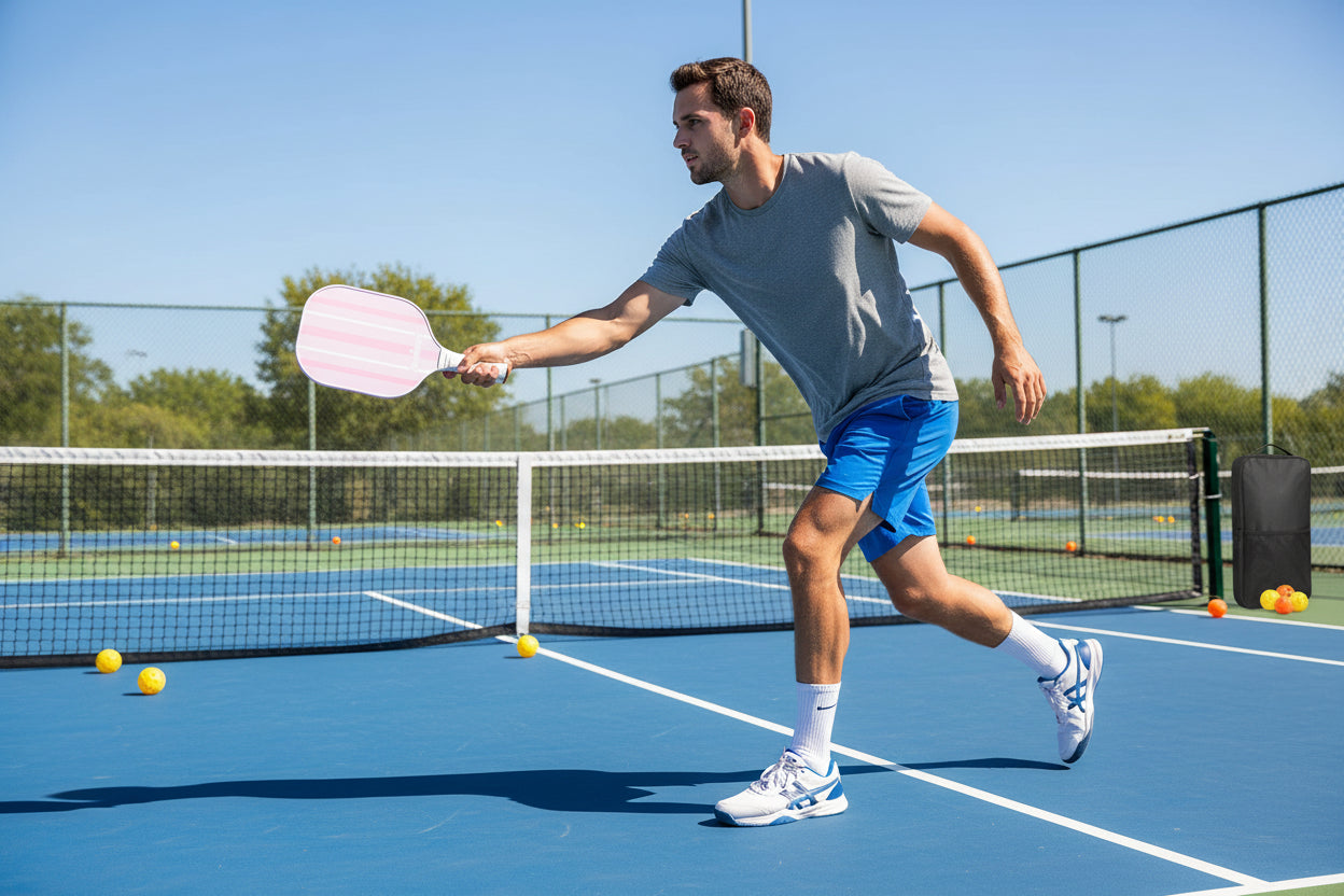 Two pink striped pickleball paddles with three colorful balls and a black carrying case on a white background.