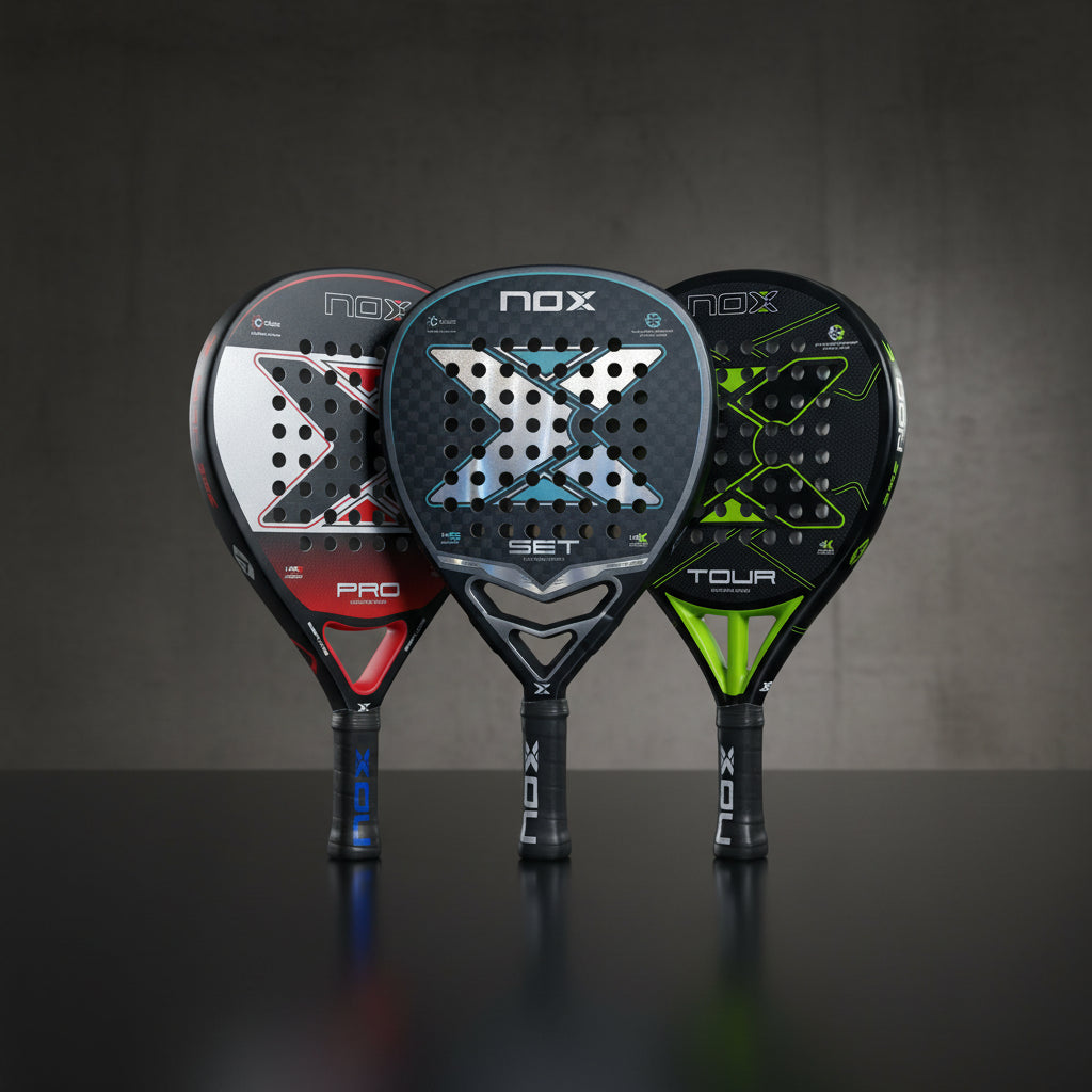 Three NOX paddle rackets with different designs and branding on a white background.