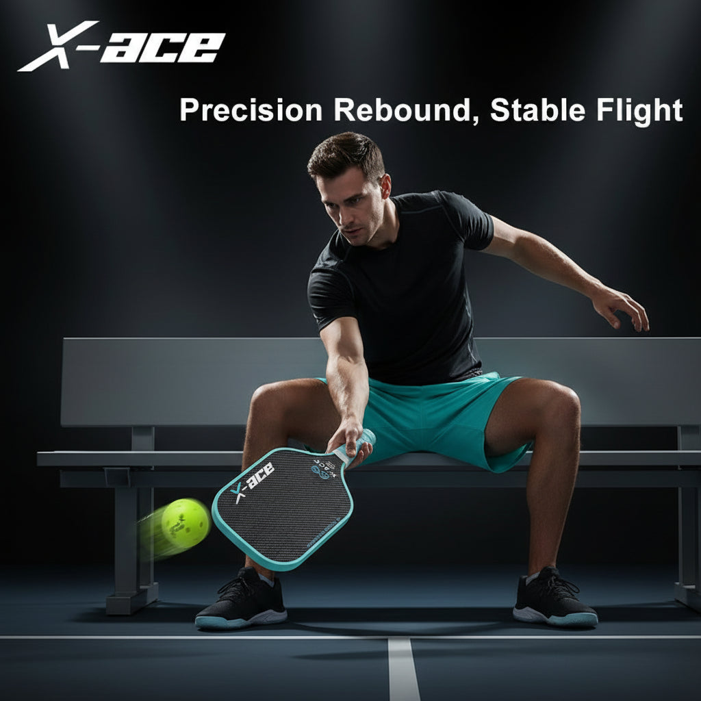 X-ace pickleball paddle with a green ball on a black background