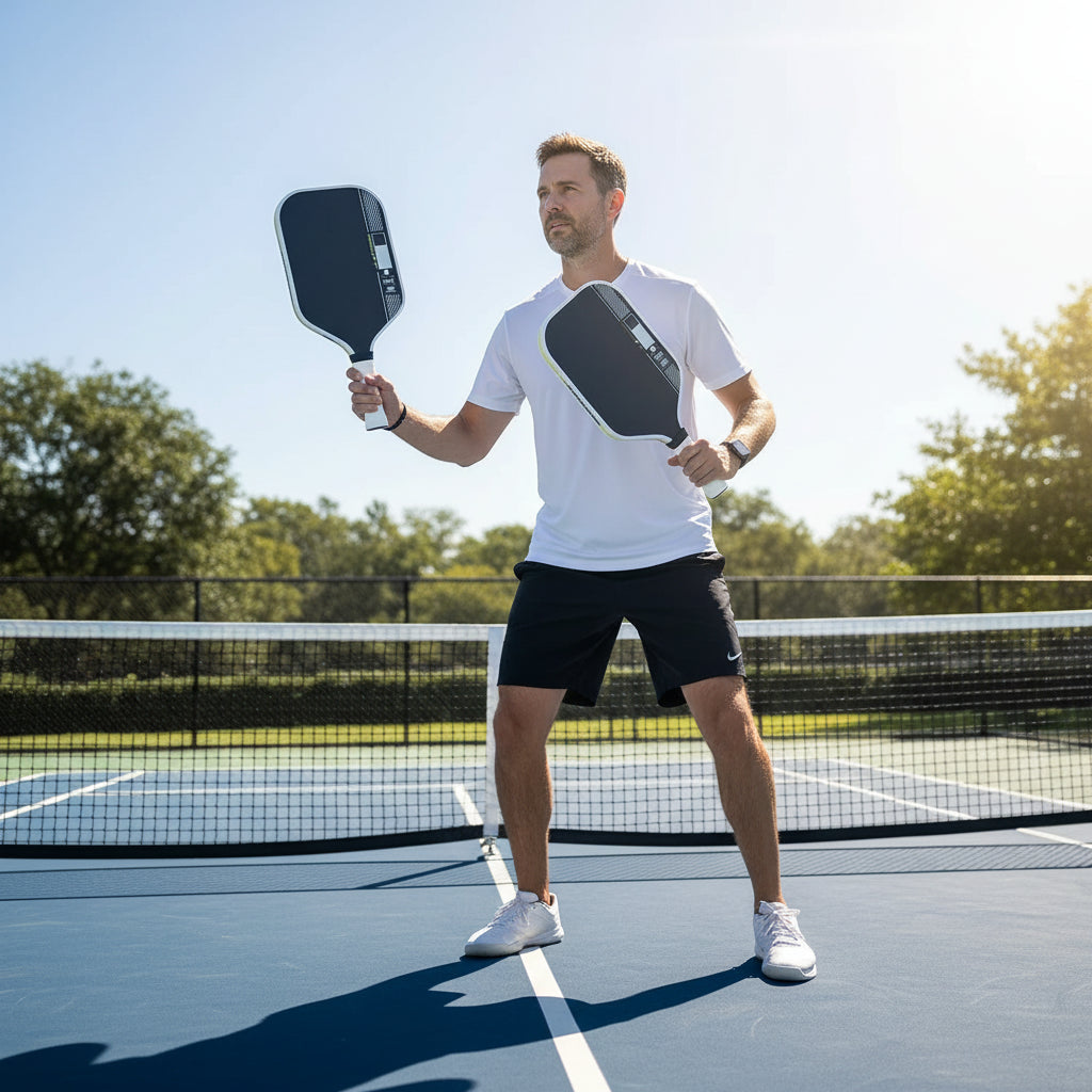 Two pickleball paddles on a black background