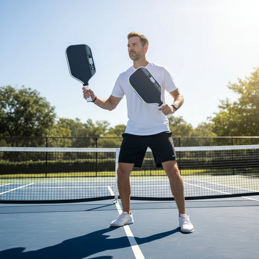 Two pickleball paddles on a black background