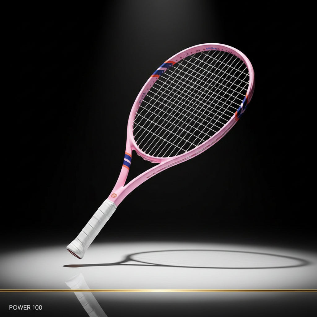Pink tennis racket with a player on a tennis court, featuring text about racket features.