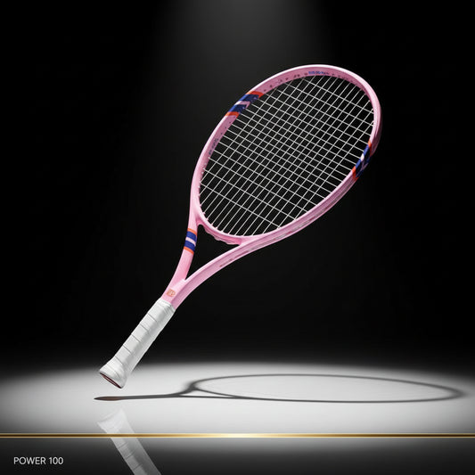 Pink tennis racket with a player on a tennis court, featuring text about racket features.