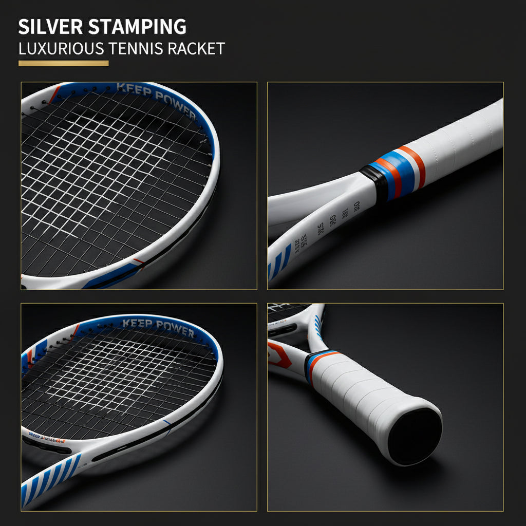 Luxurious tennis racket with silver stamping on a yellow background