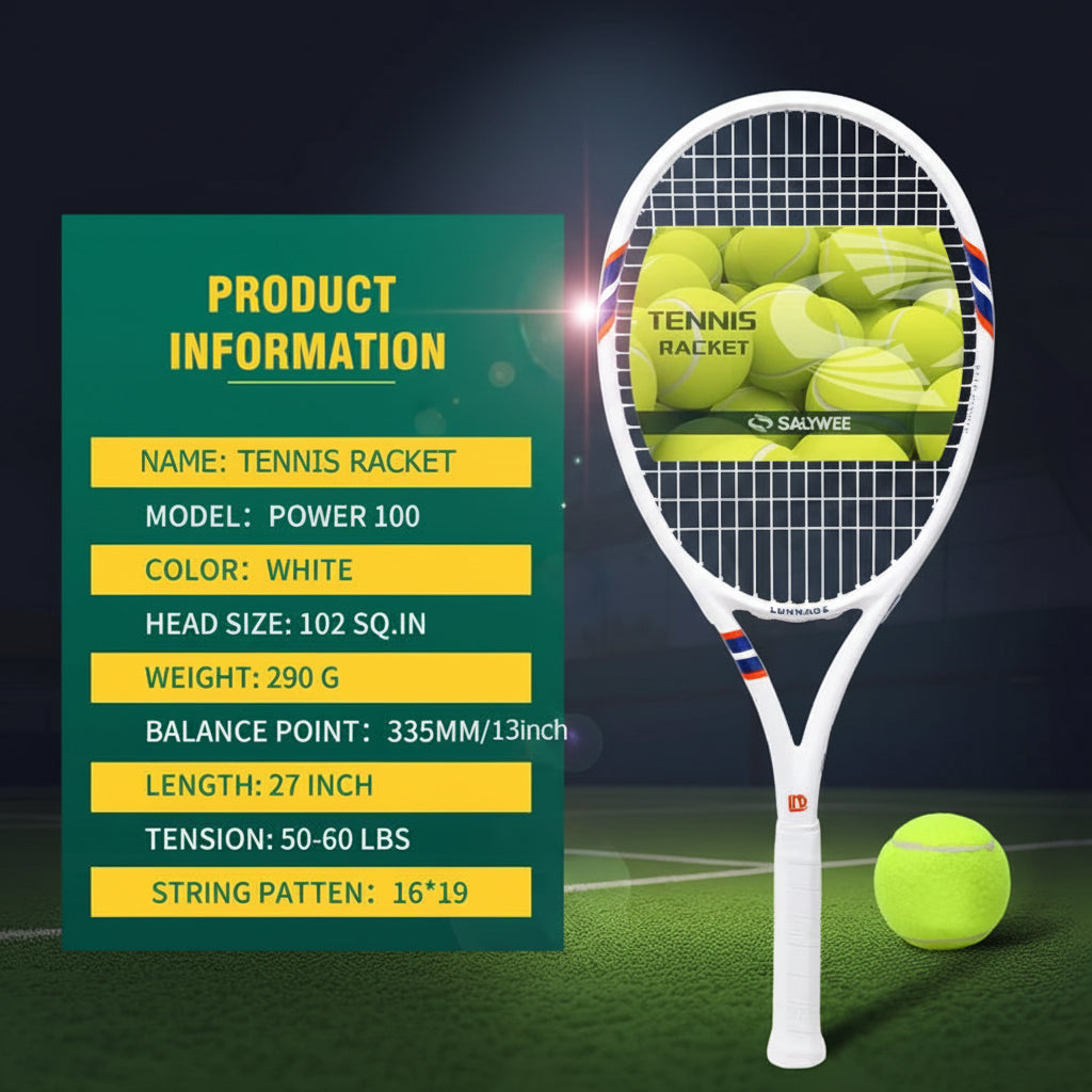Tennis racket with product information on a green and yellow background