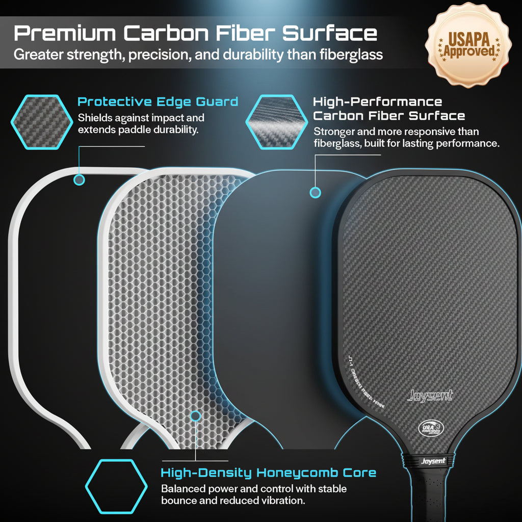 Pickleball paddle with features highlighted on a black background