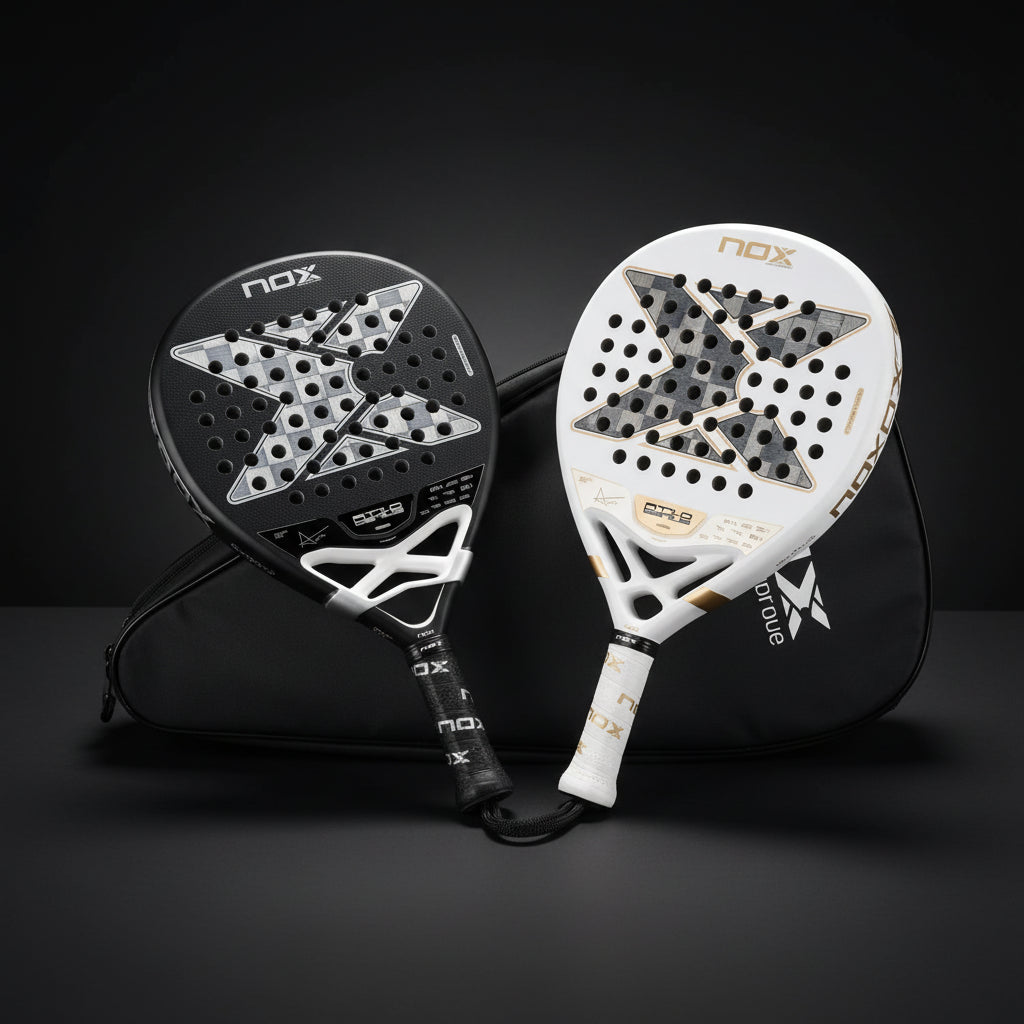 Four NOX paddle rackets with a carrying case on a white background