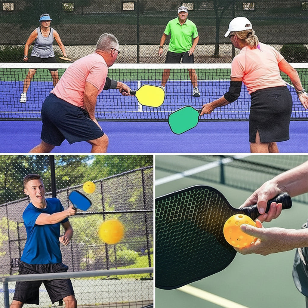 Collage of people playing paddleball on a court with close-up shots of paddles and balls.