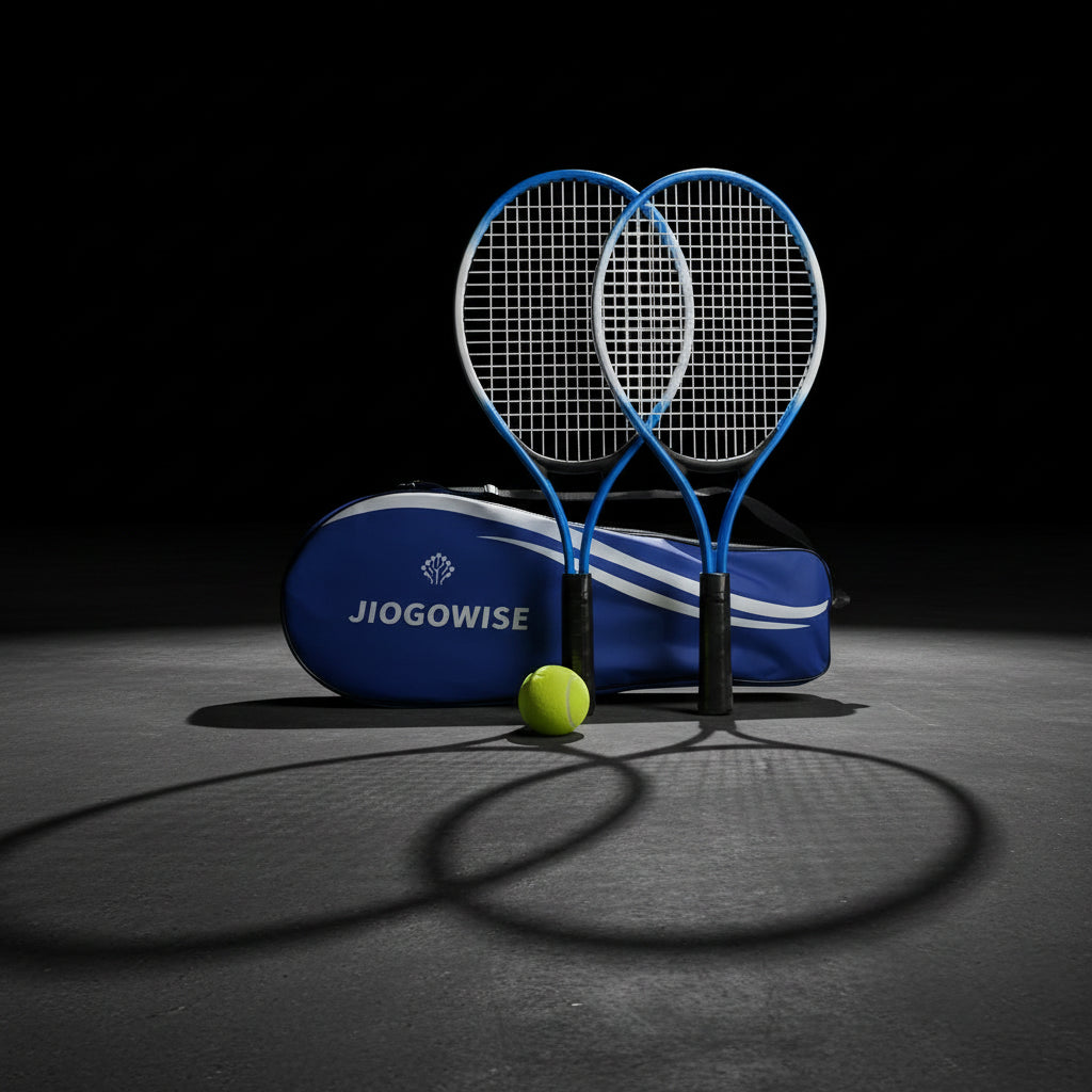 Two tennis rackets with a ball and blue carrying case on a white background, featuring the JIOGOWISE brand.