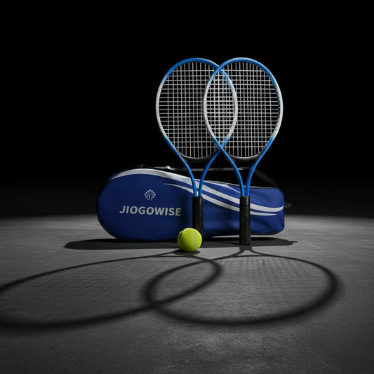 Two tennis rackets with a ball and blue carrying case on a white background, featuring the JIOGOWISE brand.