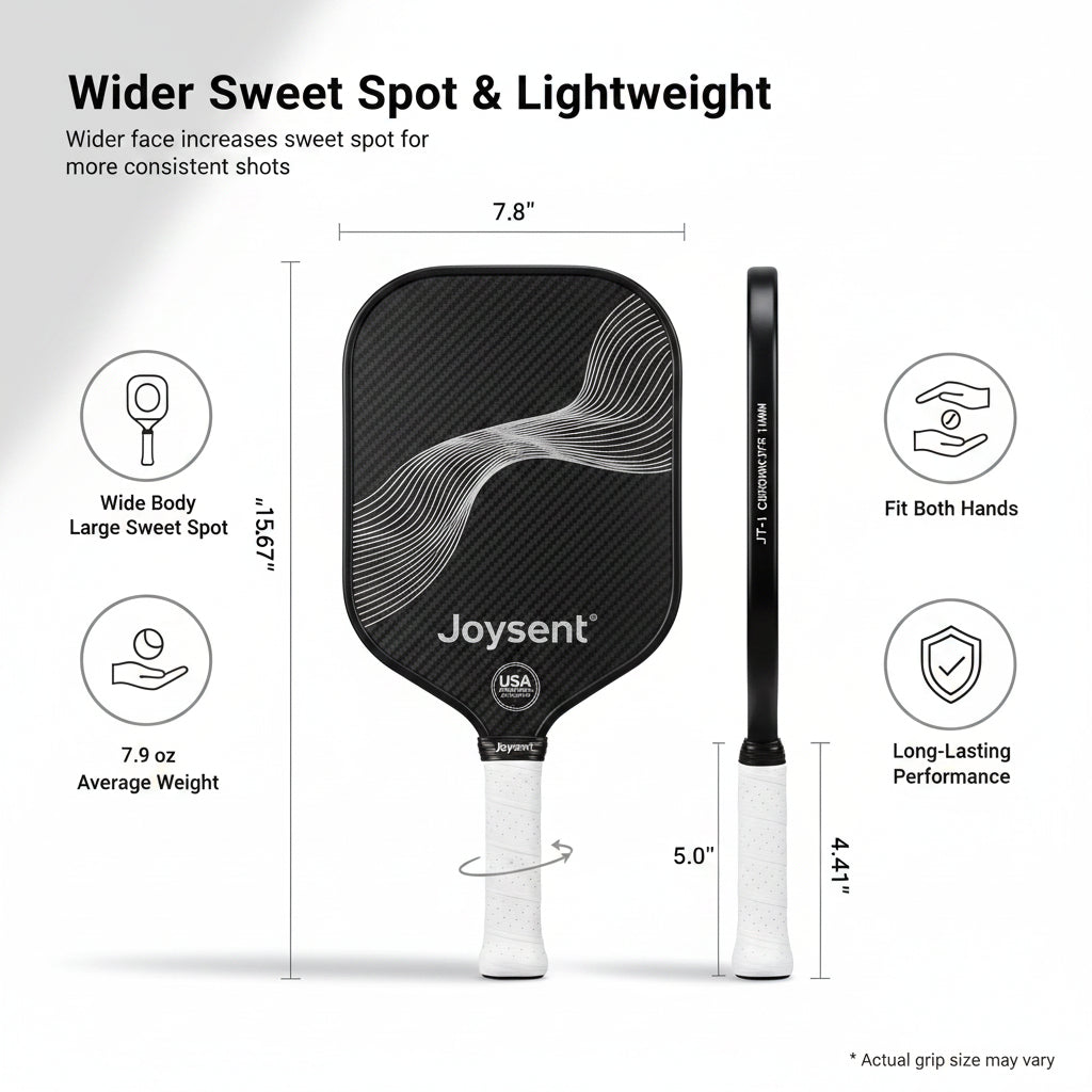 Pickleball paddle with specifications on a gray background
