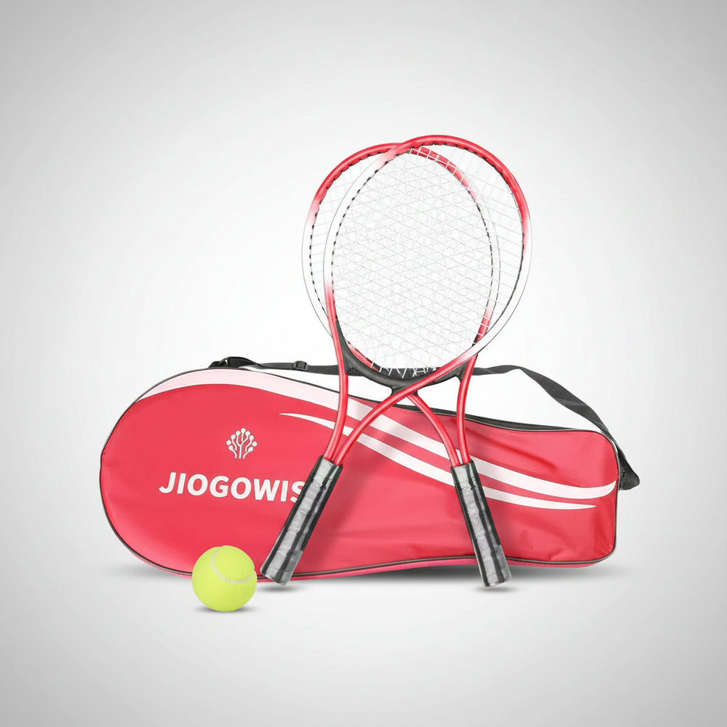 Two red tennis rackets with a yellow ball and red carrying case on a white background, featuring the JIOGOWISE brand.