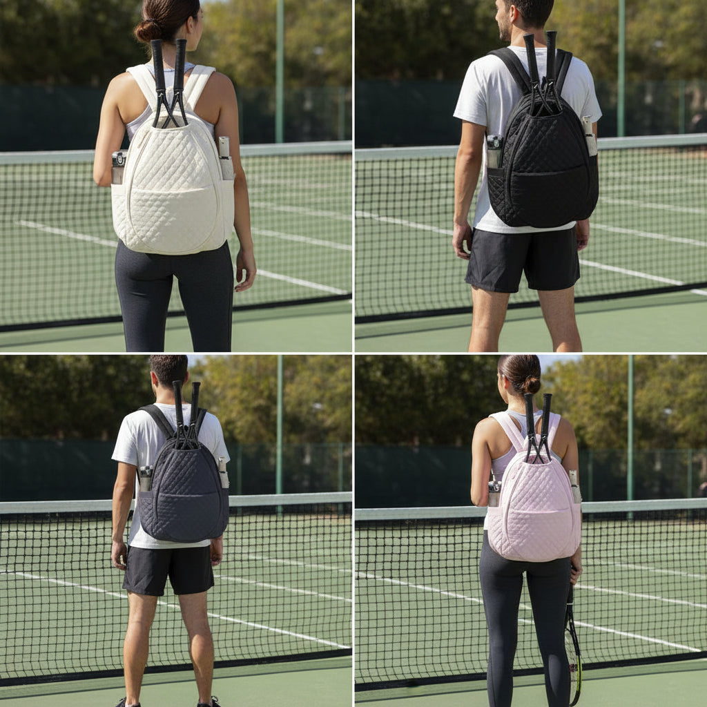 Quilted Tennis Backpack Lightweight Large Tennis Bag with Multi-pockets Racket Daypack for Rackets and Sports Gear