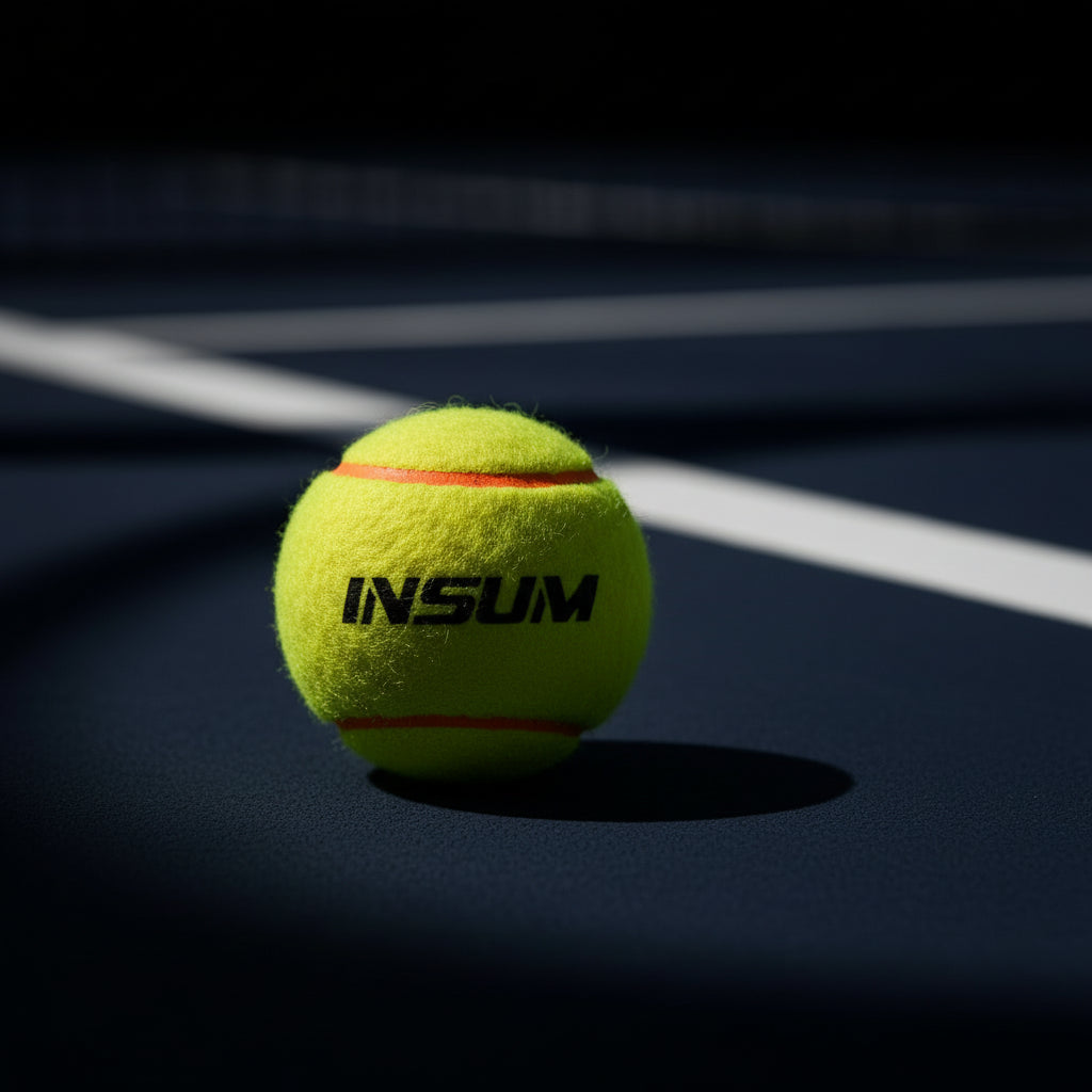 Hand holding a yellow tennis ball with 'INSUM' branding against an orange and white background.