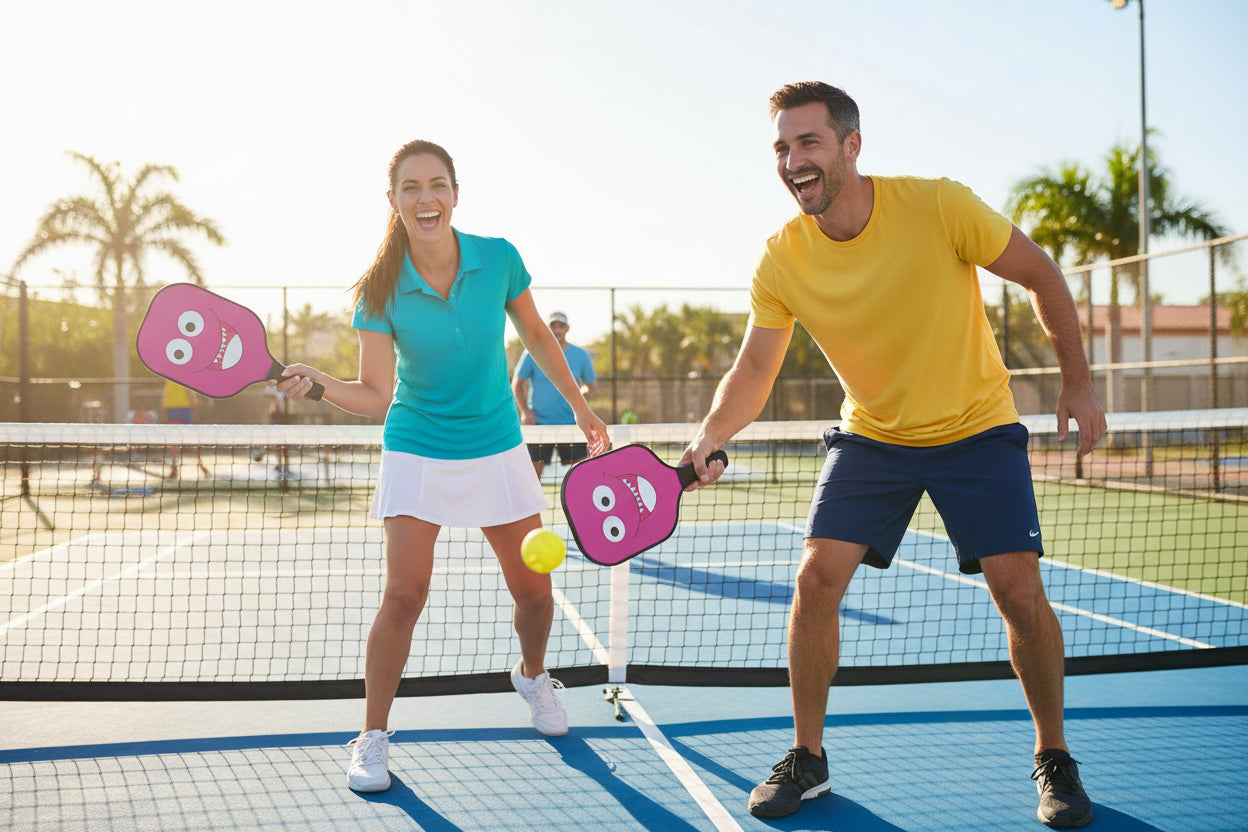 Pink pickleball paddle with a cartoon face on a white background