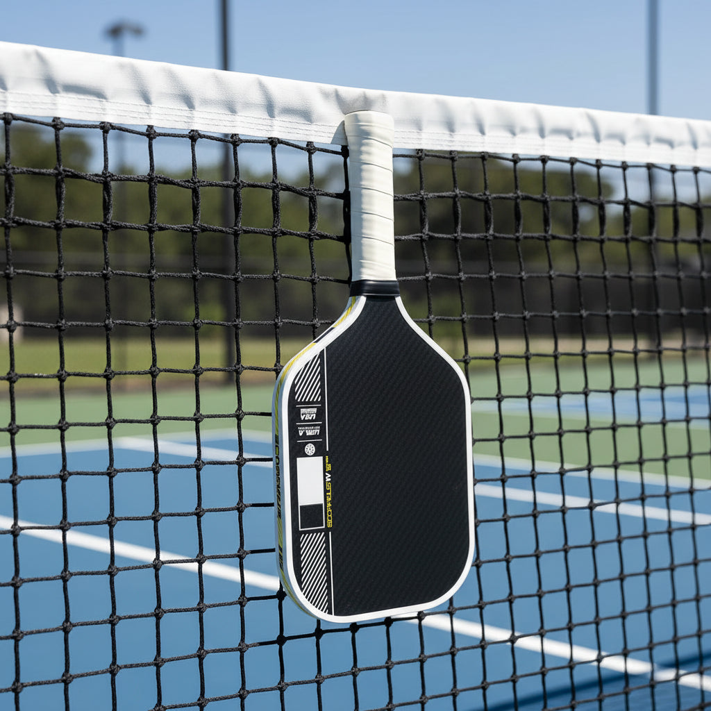 Pickleball paddle with branding on a black background