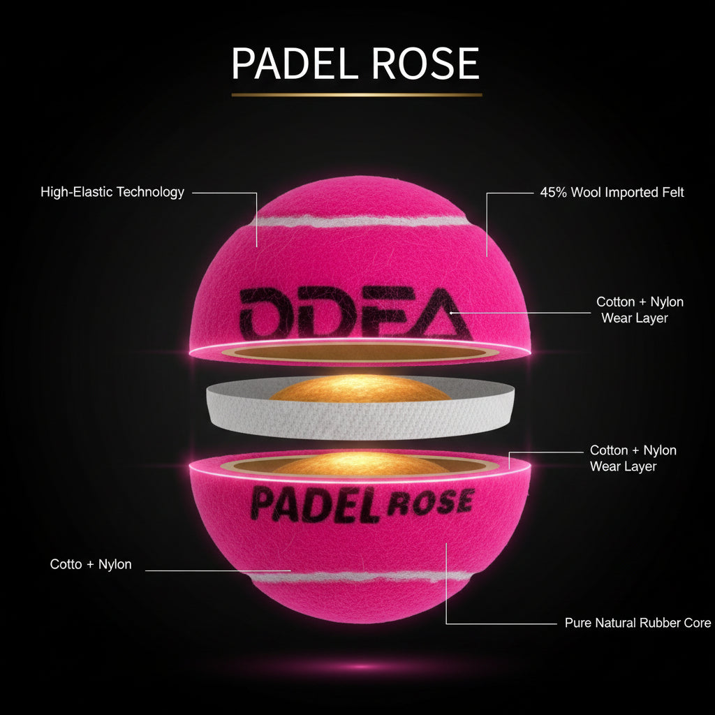 Pink padel ball with ODEA branding and technical details on a white background