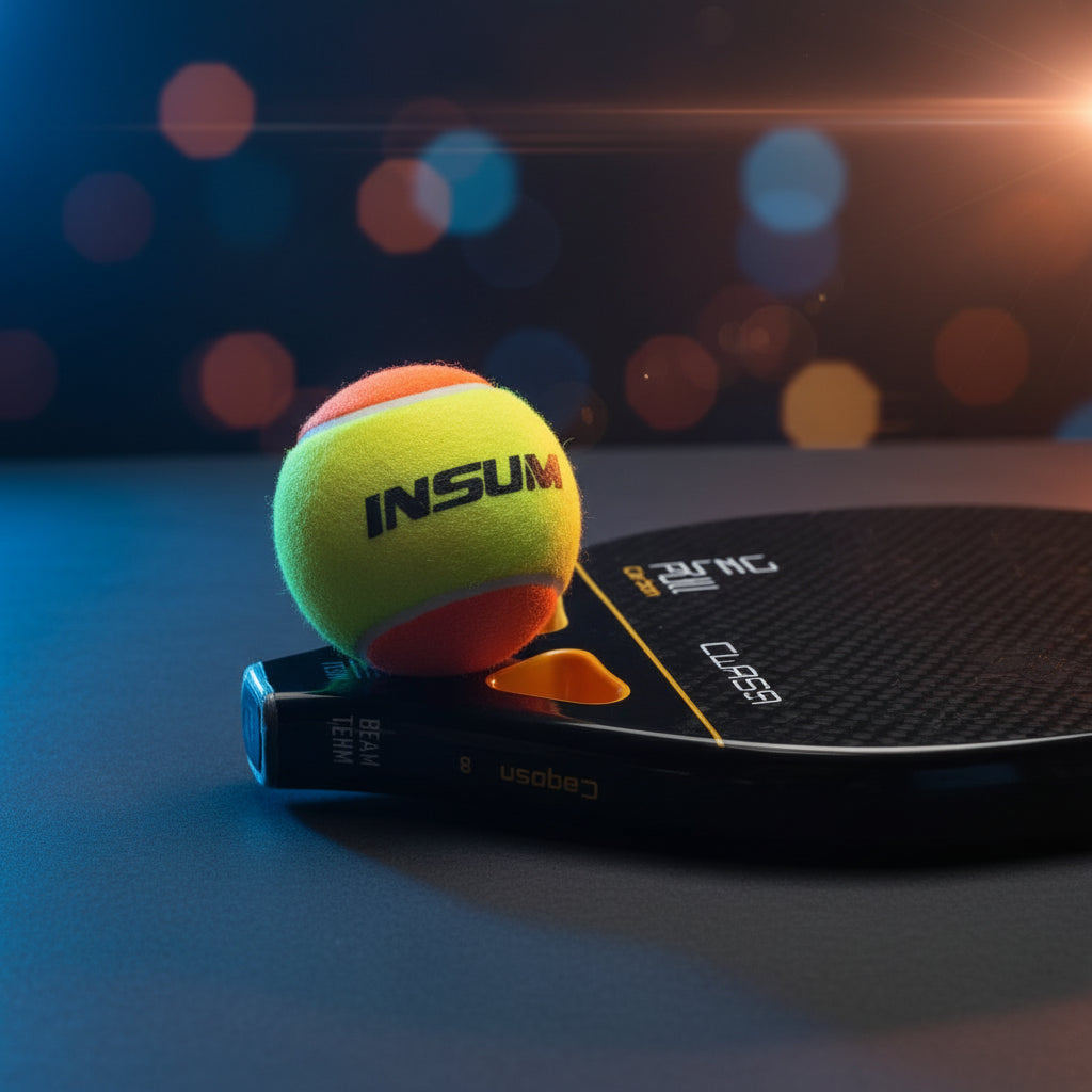 Yellow tennis ball with orange top and bottom, featuring the brand 'IN SUM', on a black background.