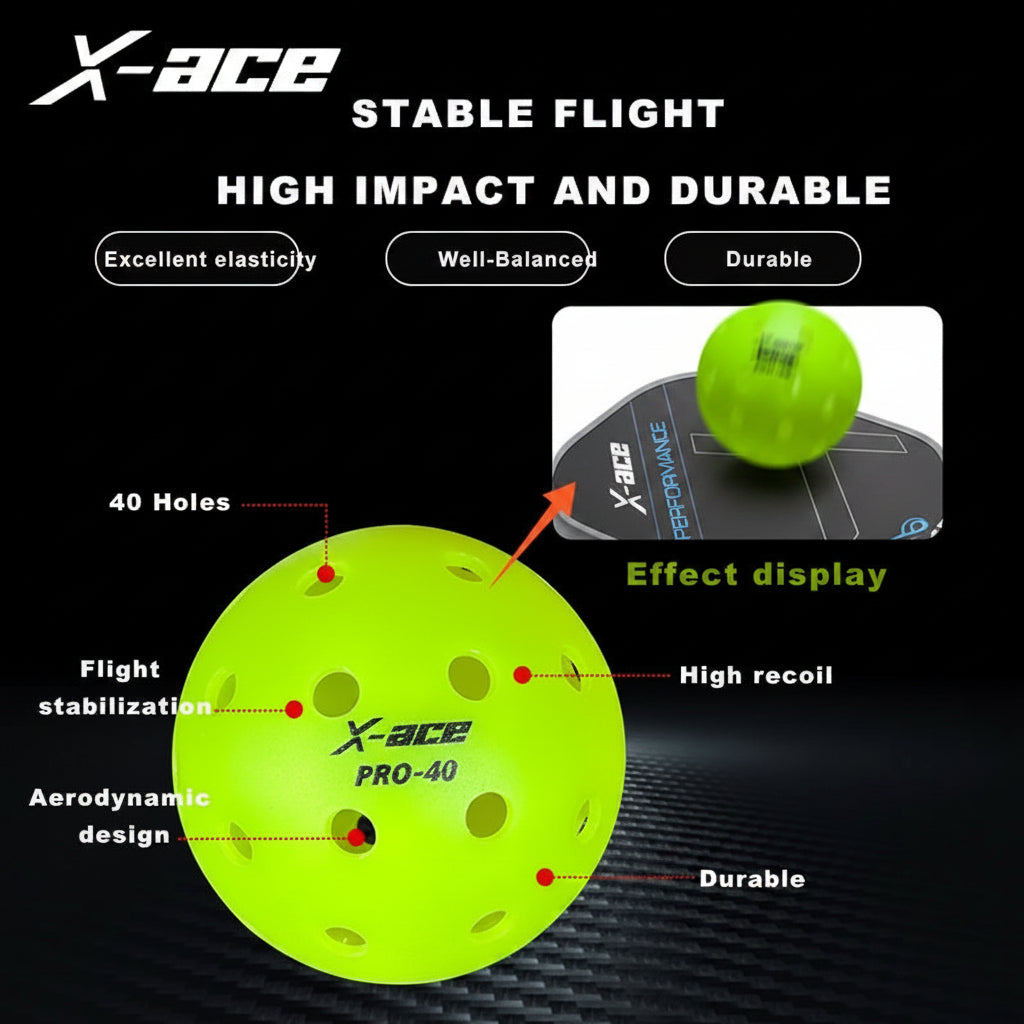 Yellow X-ace Pro-40 pickleball with features highlighted on a black background