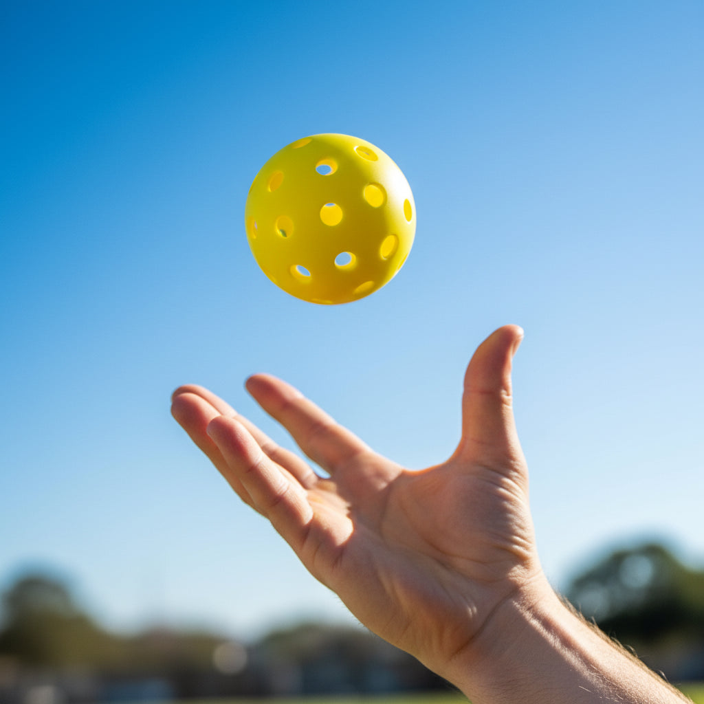 Yellow pickleball with product information on a blue background